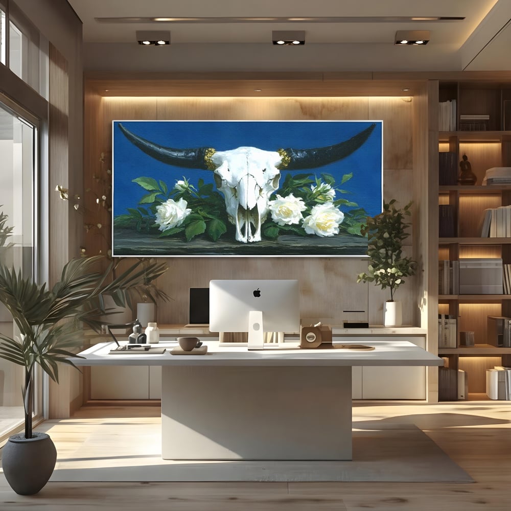 Tablou Canvas Premium, LuxCanva® M1486, Tacerea Florilor Albe, Trandafiri, Coarne, Schelet, Craniu, Animal, Gotic, Ritual, Arta, Dormitor, Birou, Living, Camera Copil