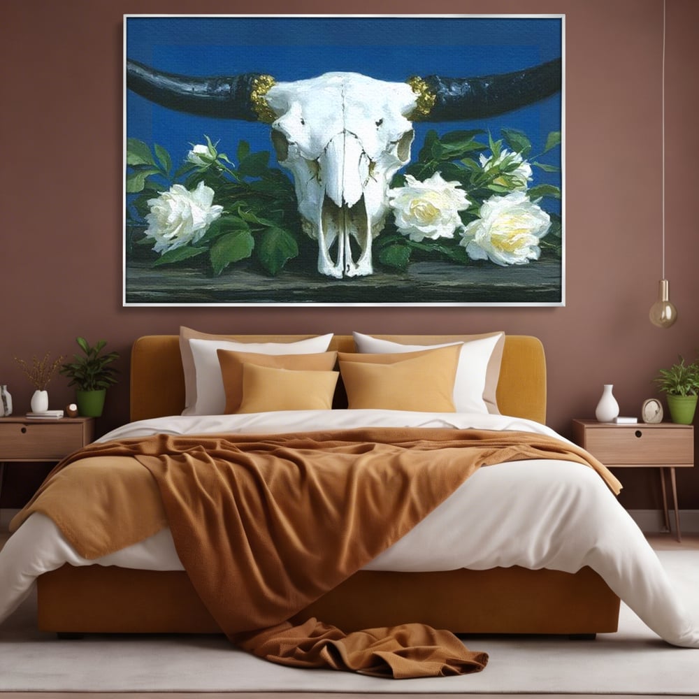 Tablou Canvas Premium, LuxCanva® M1486, Tacerea Florilor Albe, Trandafiri, Coarne, Schelet, Craniu, Animal, Gotic, Ritual, Arta, Dormitor, Birou, Living, Camera Copil