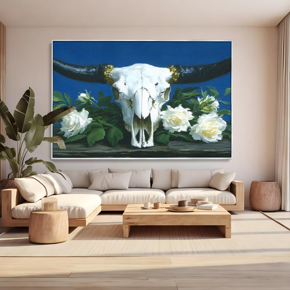Tablou Canvas Premium, LuxCanva® M1486, Tacerea Florilor Albe, Trandafiri, Coarne, Schelet, Craniu, Animal, Gotic, Ritual, Arta, Dormitor, Birou, Living, Camera Copil