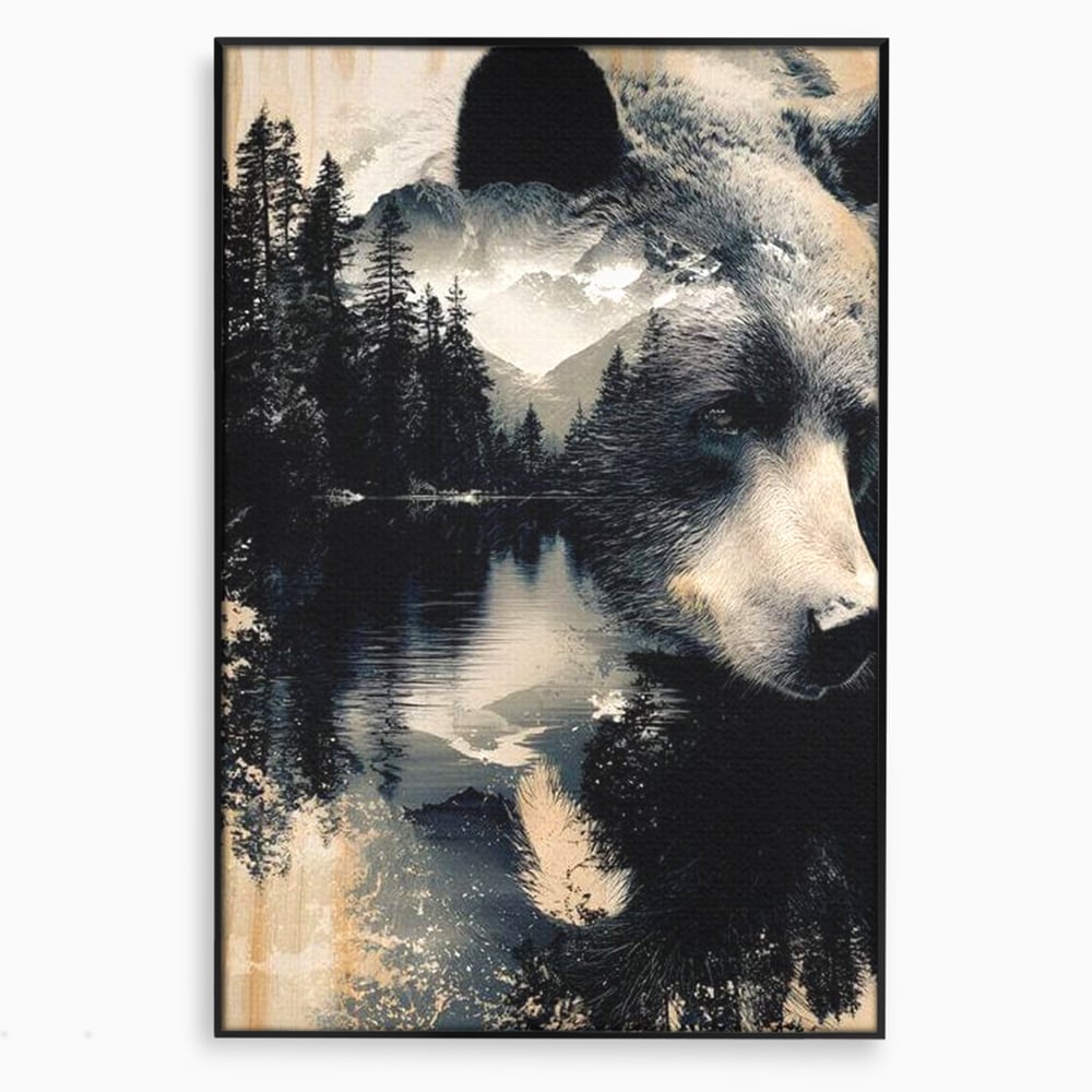Tablou Canvas Premium, LuxCanva® M1487, Strajerul Padurii, Urs, Salbaticie, Animal, Padure, Peisaj, Natura, Munti, Ape, Dormitor, Birou, Living, Camera Copil