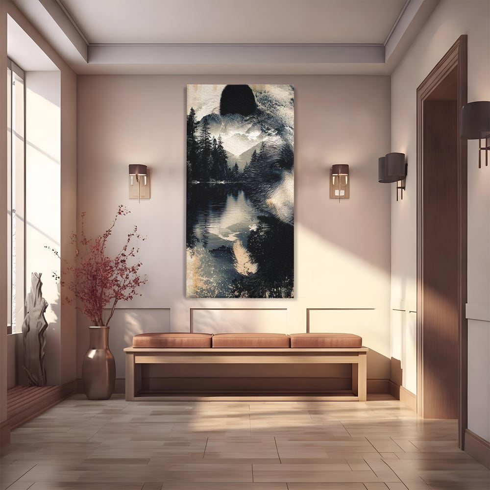 Tablou Canvas Premium, LuxCanva® M1487, Strajerul Padurii, Urs, Salbaticie, Animal, Padure, Peisaj, Natura, Munti, Ape, Dormitor, Birou, Living, Camera Copil