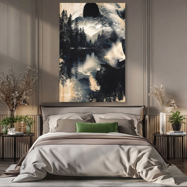 Tablou Canvas Premium, LuxCanva® M1487, Strajerul Padurii, Urs, Salbaticie, Animal, Padure, Peisaj, Natura, Munti, Ape, Dormitor, Birou, Living, Camera Copil