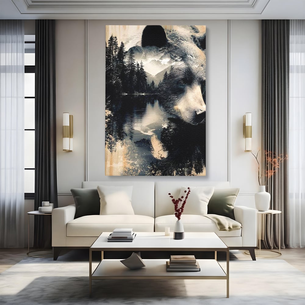 Tablou Canvas Premium, LuxCanva® M1487, Strajerul Padurii, Urs, Salbaticie, Animal, Padure, Peisaj, Natura, Munti, Ape, Dormitor, Birou, Living, Camera Copil