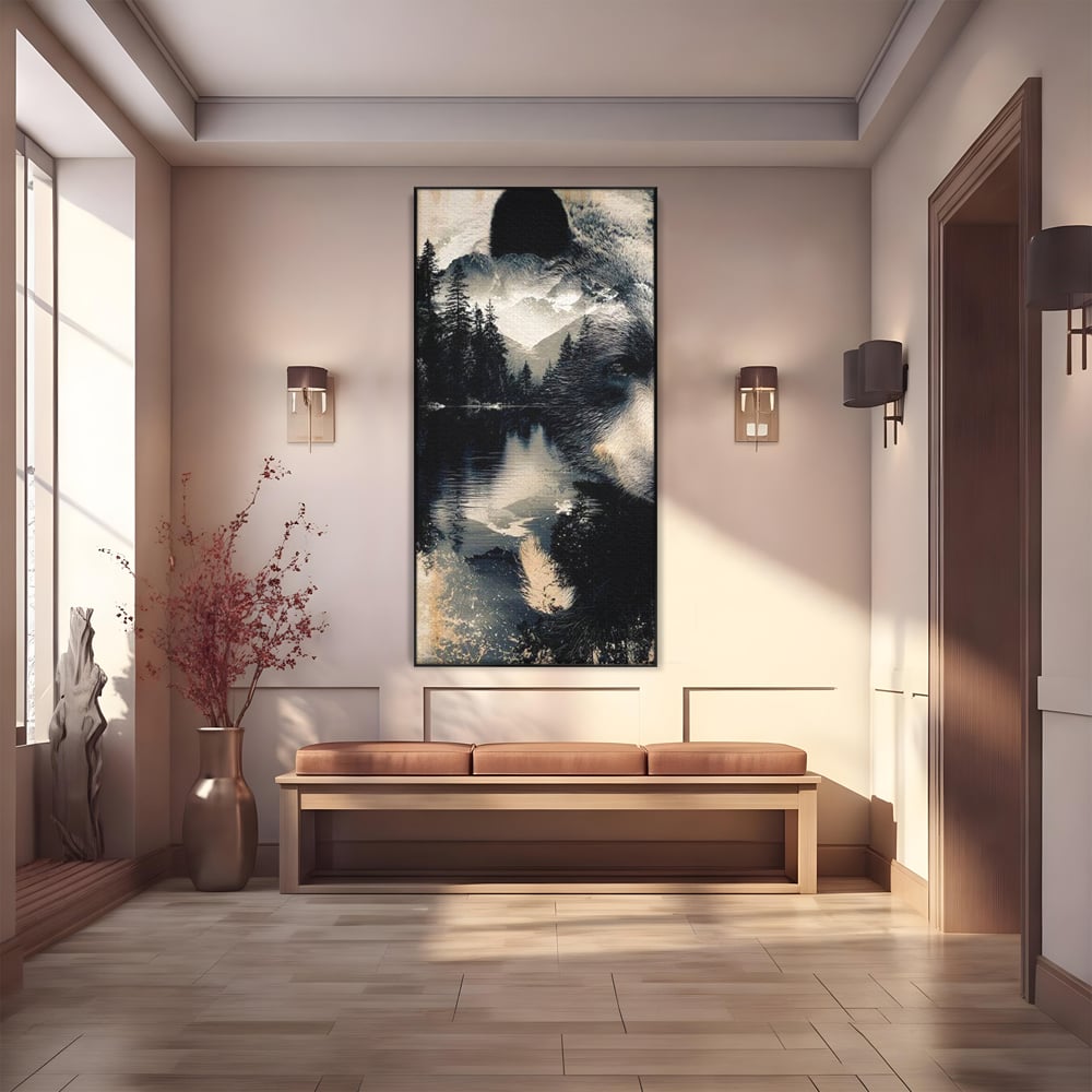 Tablou Canvas Premium, LuxCanva® M1487, Strajerul Padurii, Urs, Salbaticie, Animal, Padure, Peisaj, Natura, Munti, Ape, Dormitor, Birou, Living, Camera Copil