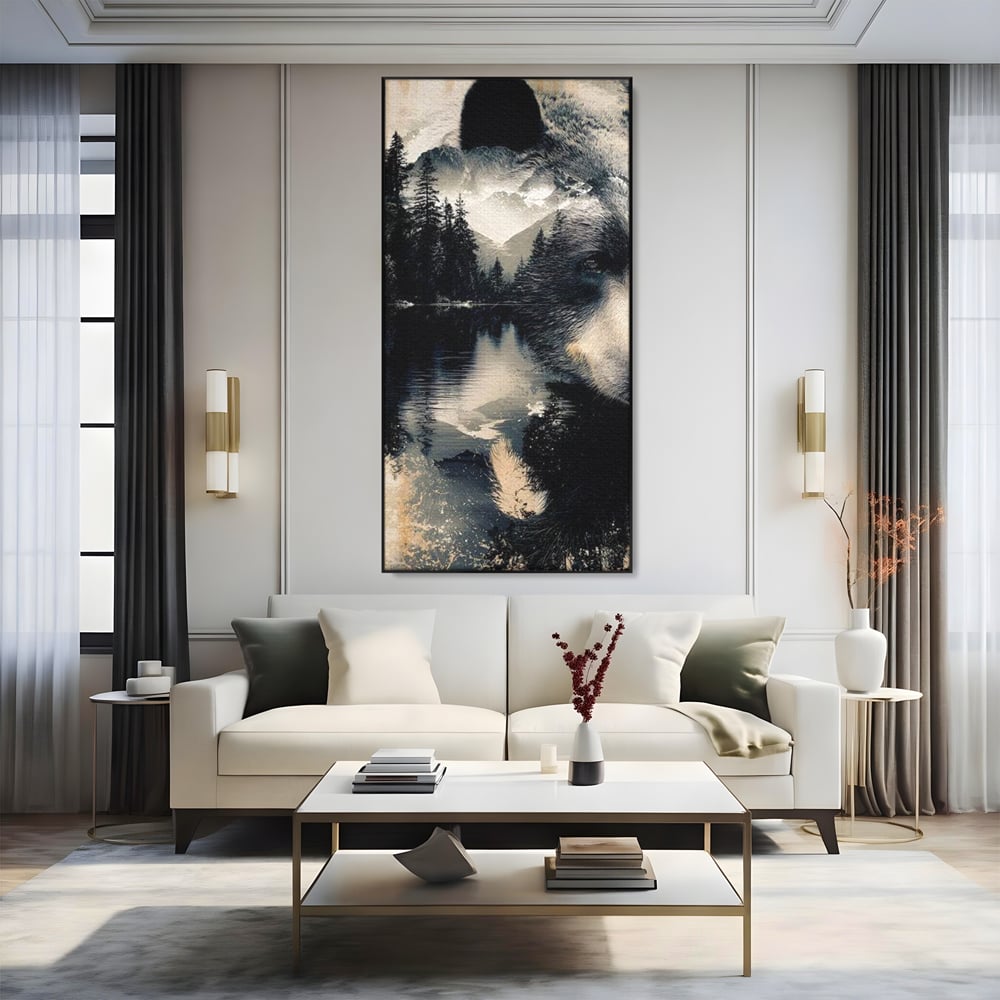 Tablou Canvas Premium, LuxCanva® M1487, Strajerul Padurii, Urs, Salbaticie, Animal, Padure, Peisaj, Natura, Munti, Ape, Dormitor, Birou, Living, Camera Copil