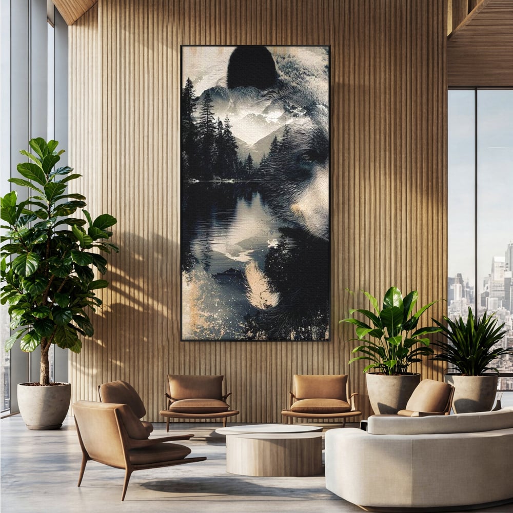 Tablou Canvas Premium, LuxCanva® M1487, Strajerul Padurii, Urs, Salbaticie, Animal, Padure, Peisaj, Natura, Munti, Ape, Dormitor, Birou, Living, Camera Copil