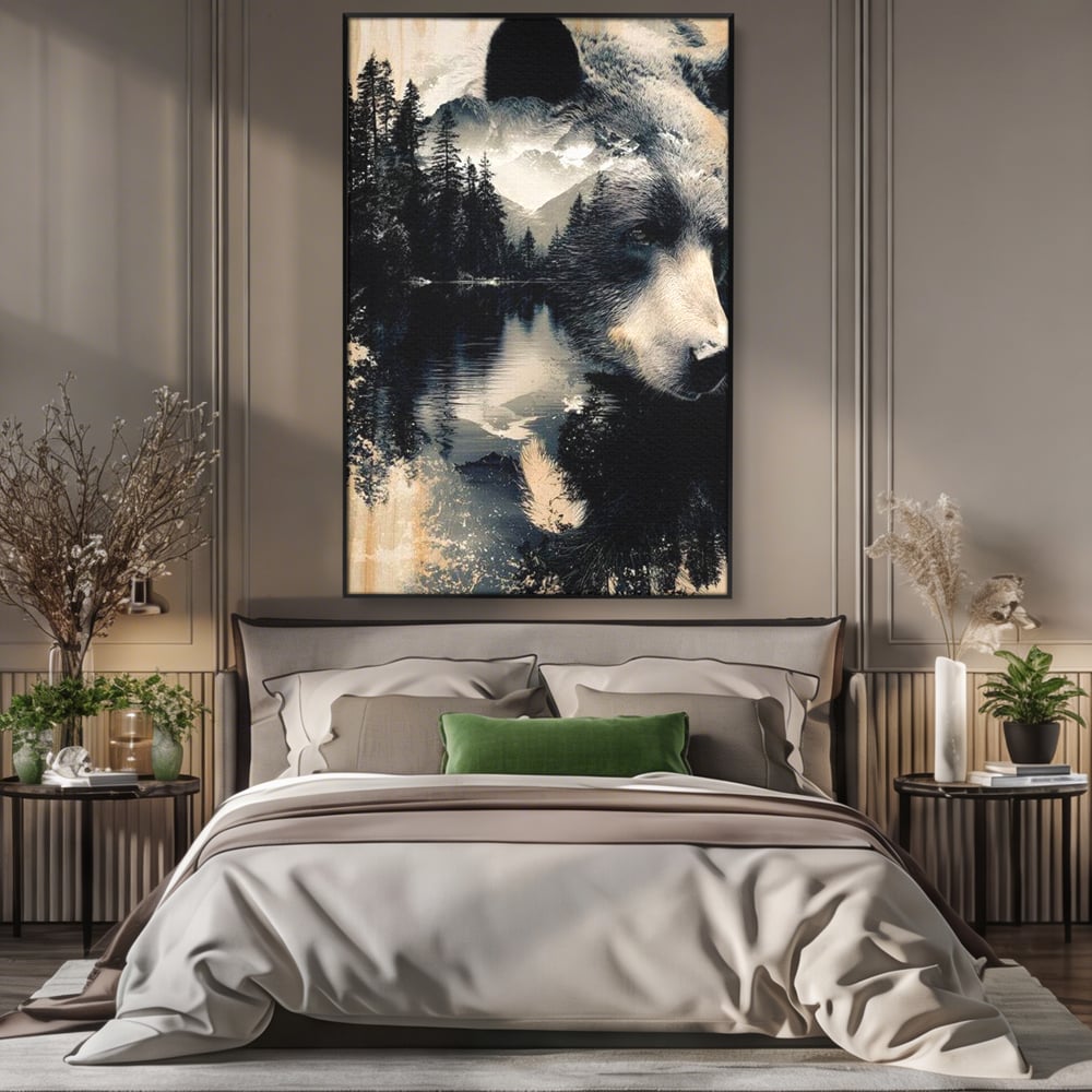 Tablou Canvas Premium, LuxCanva® M1487, Strajerul Padurii, Urs, Salbaticie, Animal, Padure, Peisaj, Natura, Munti, Ape, Dormitor, Birou, Living, Camera Copil
