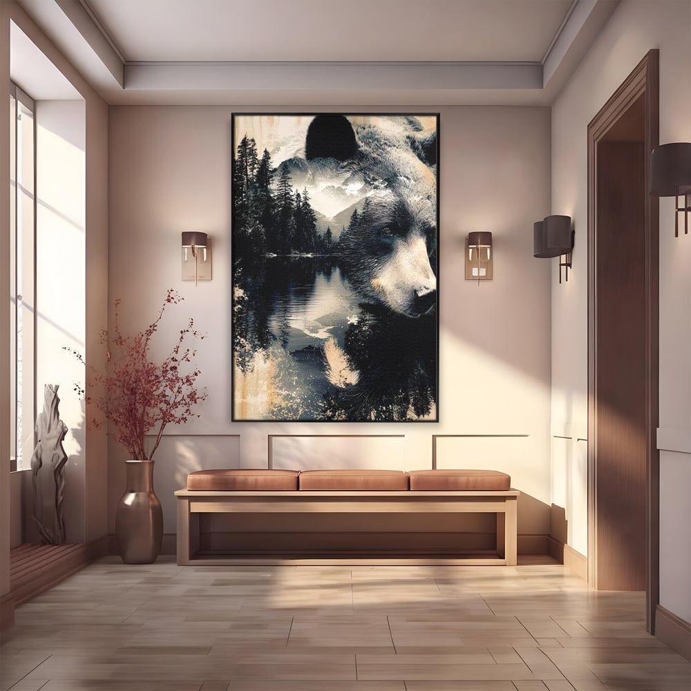 Tablou Canvas Premium, LuxCanva® M1487, Strajerul Padurii, Urs, Salbaticie, Animal, Padure, Peisaj, Natura, Munti, Ape, Dormitor, Birou, Living, Camera Copil