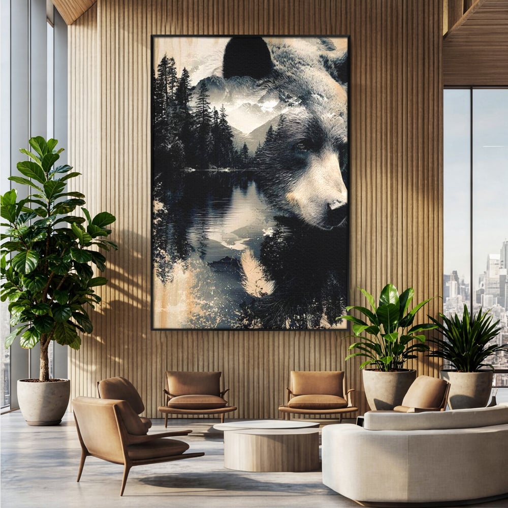 Tablou Canvas Premium, LuxCanva® M1487, Strajerul Padurii, Urs, Salbaticie, Animal, Padure, Peisaj, Natura, Munti, Ape, Dormitor, Birou, Living, Camera Copil