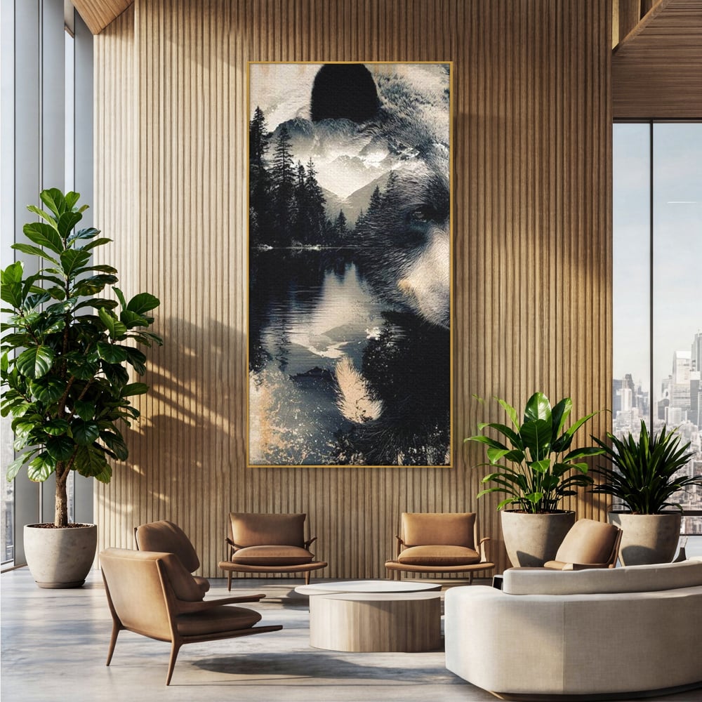 Tablou Canvas Premium, LuxCanva® M1487, Strajerul Padurii, Urs, Salbaticie, Animal, Padure, Peisaj, Natura, Munti, Ape, Dormitor, Birou, Living, Camera Copil
