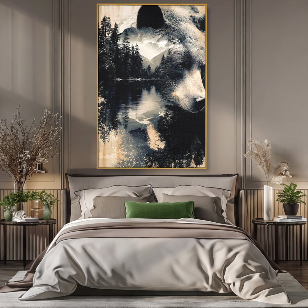 Tablou Canvas Premium, LuxCanva® M1487, Strajerul Padurii, Urs, Salbaticie, Animal, Padure, Peisaj, Natura, Munti, Ape, Dormitor, Birou, Living, Camera Copil