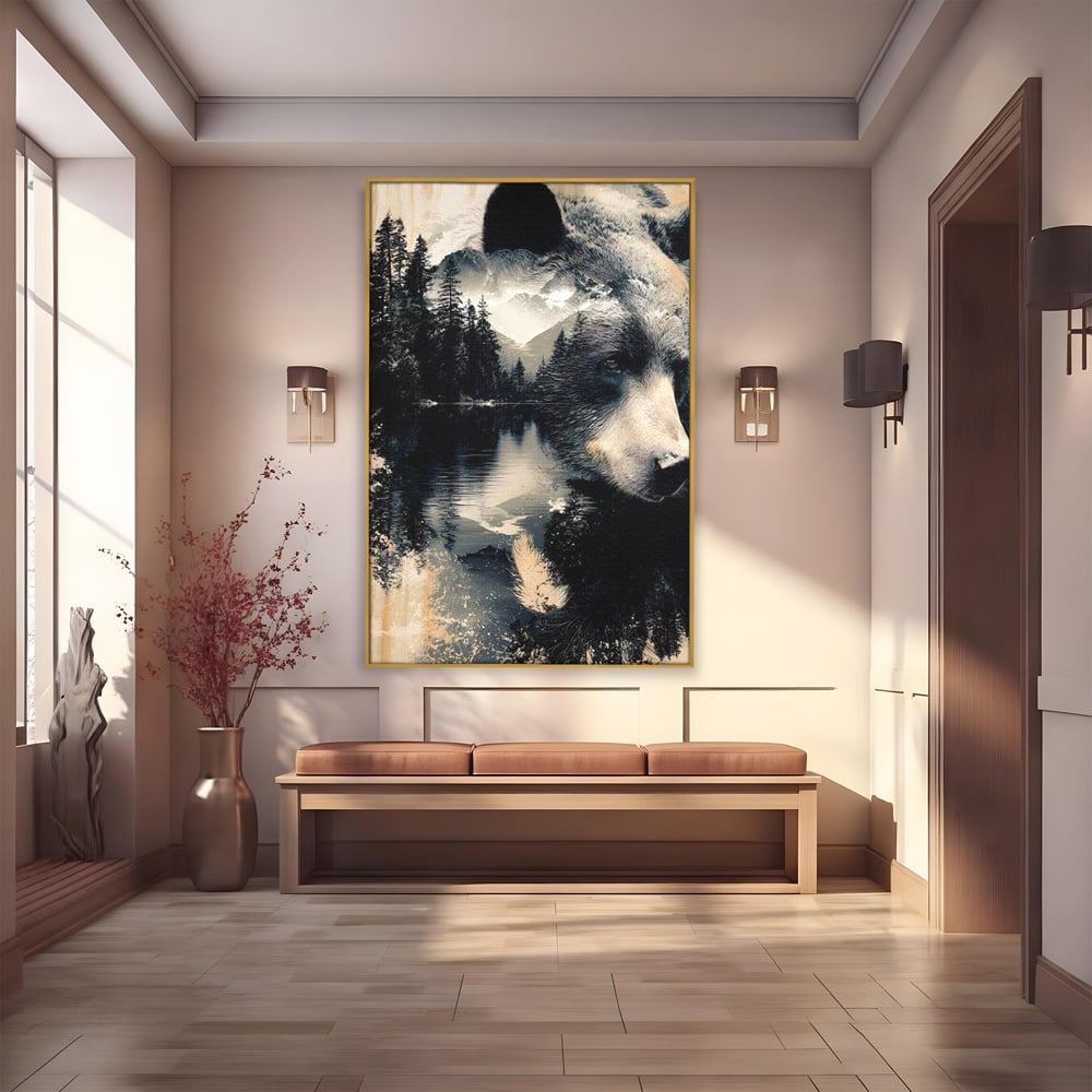 Tablou Canvas Premium, LuxCanva® M1487, Strajerul Padurii, Urs, Salbaticie, Animal, Padure, Peisaj, Natura, Munti, Ape, Dormitor, Birou, Living, Camera Copil