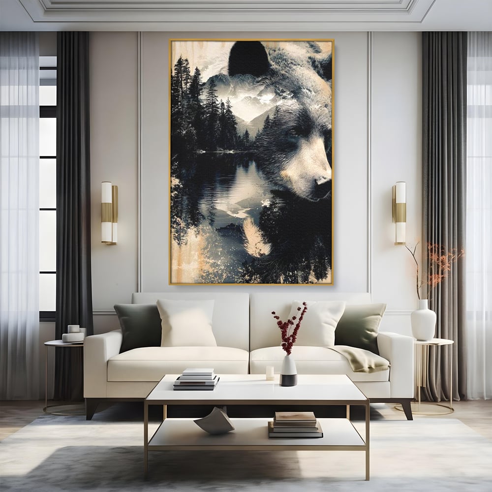 Tablou Canvas Premium, LuxCanva® M1487, Strajerul Padurii, Urs, Salbaticie, Animal, Padure, Peisaj, Natura, Munti, Ape, Dormitor, Birou, Living, Camera Copil
