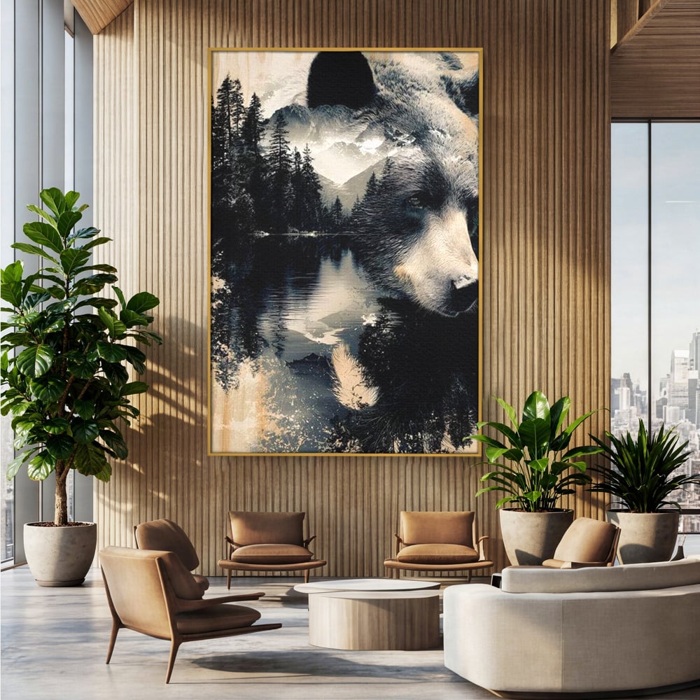 Tablou Canvas Premium, LuxCanva® M1487, Strajerul Padurii, Urs, Salbaticie, Animal, Padure, Peisaj, Natura, Munti, Ape, Dormitor, Birou, Living, Camera Copil