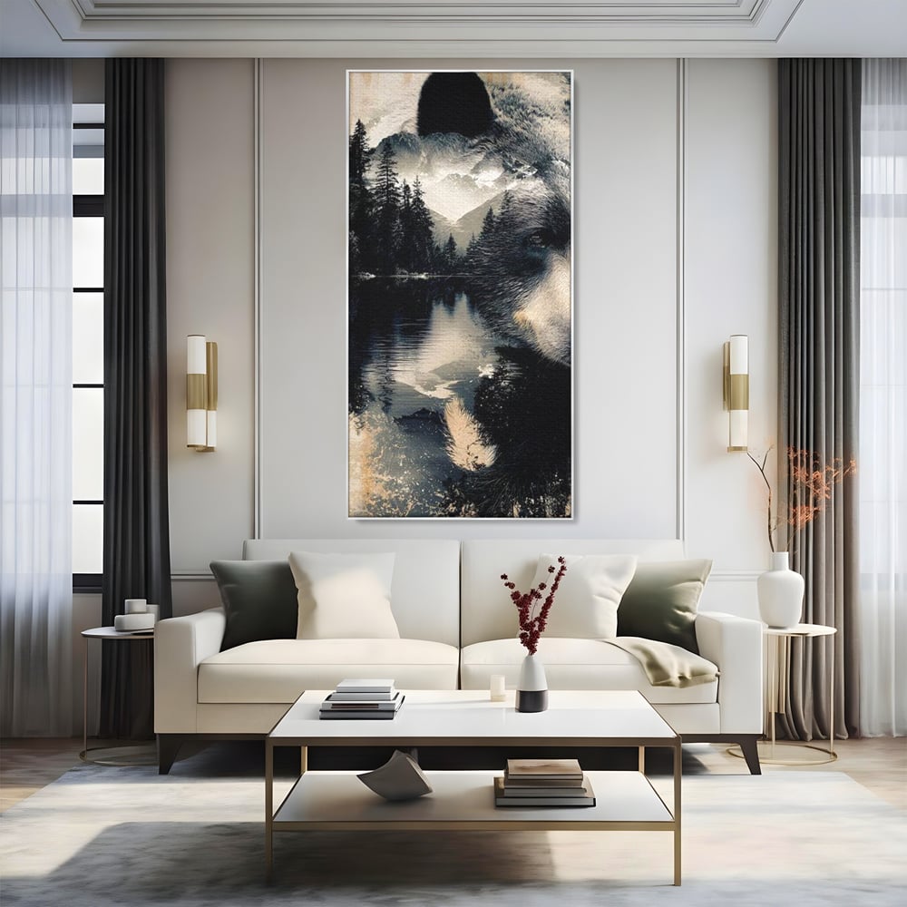 Tablou Canvas Premium, LuxCanva® M1487, Strajerul Padurii, Urs, Salbaticie, Animal, Padure, Peisaj, Natura, Munti, Ape, Dormitor, Birou, Living, Camera Copil