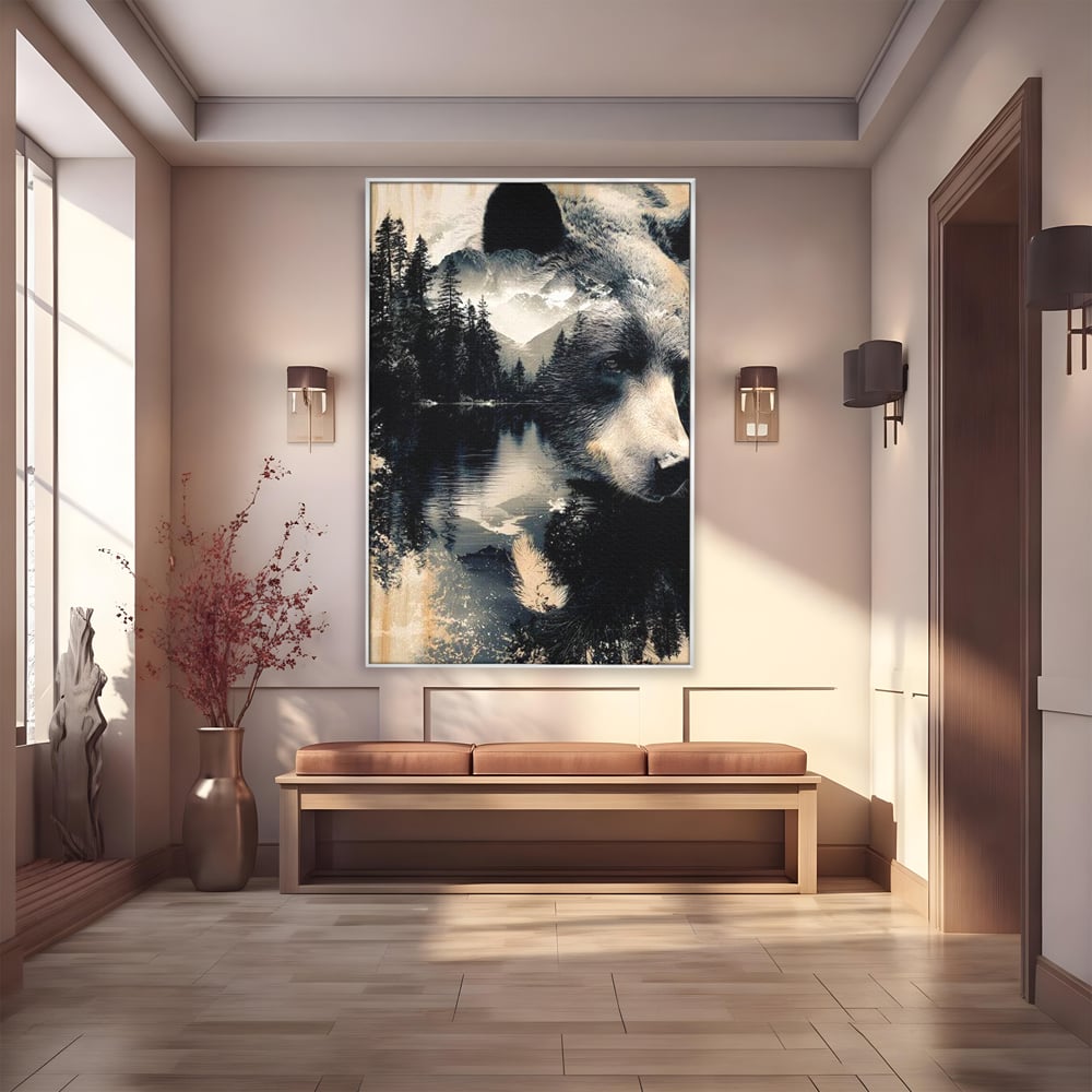 Tablou Canvas Premium, LuxCanva® M1487, Strajerul Padurii, Urs, Salbaticie, Animal, Padure, Peisaj, Natura, Munti, Ape, Dormitor, Birou, Living, Camera Copil