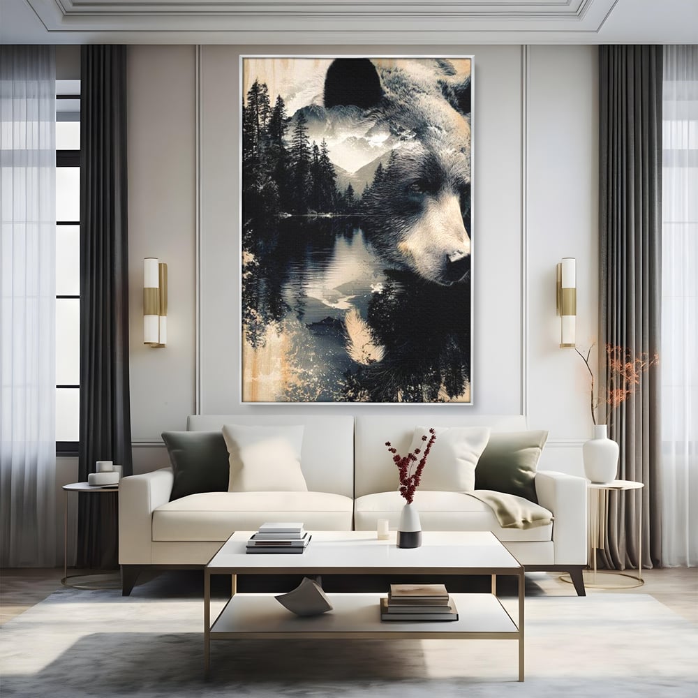 Tablou Canvas Premium, LuxCanva® M1487, Strajerul Padurii, Urs, Salbaticie, Animal, Padure, Peisaj, Natura, Munti, Ape, Dormitor, Birou, Living, Camera Copil