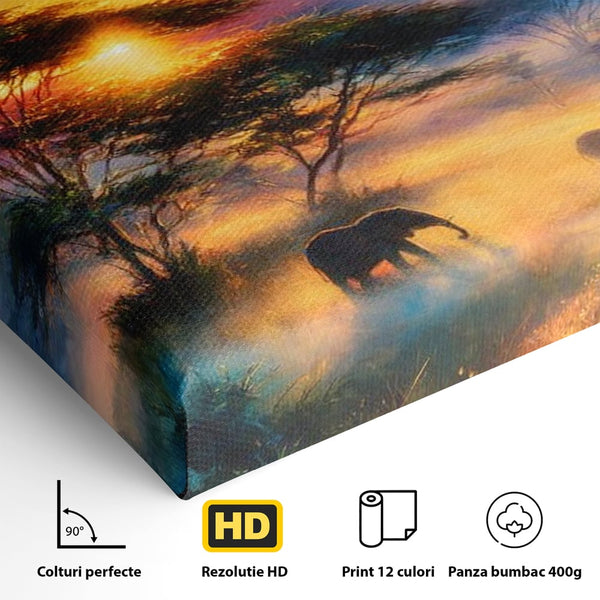 Tablou Canvas Premium, LuxCanva® M1488, Murmurul Savanei, Elefanti, Animale, Exotic, Tropical, Soare, Apus, Copaci, Natura, Dormitor, Birou, Living, Camera Copil
