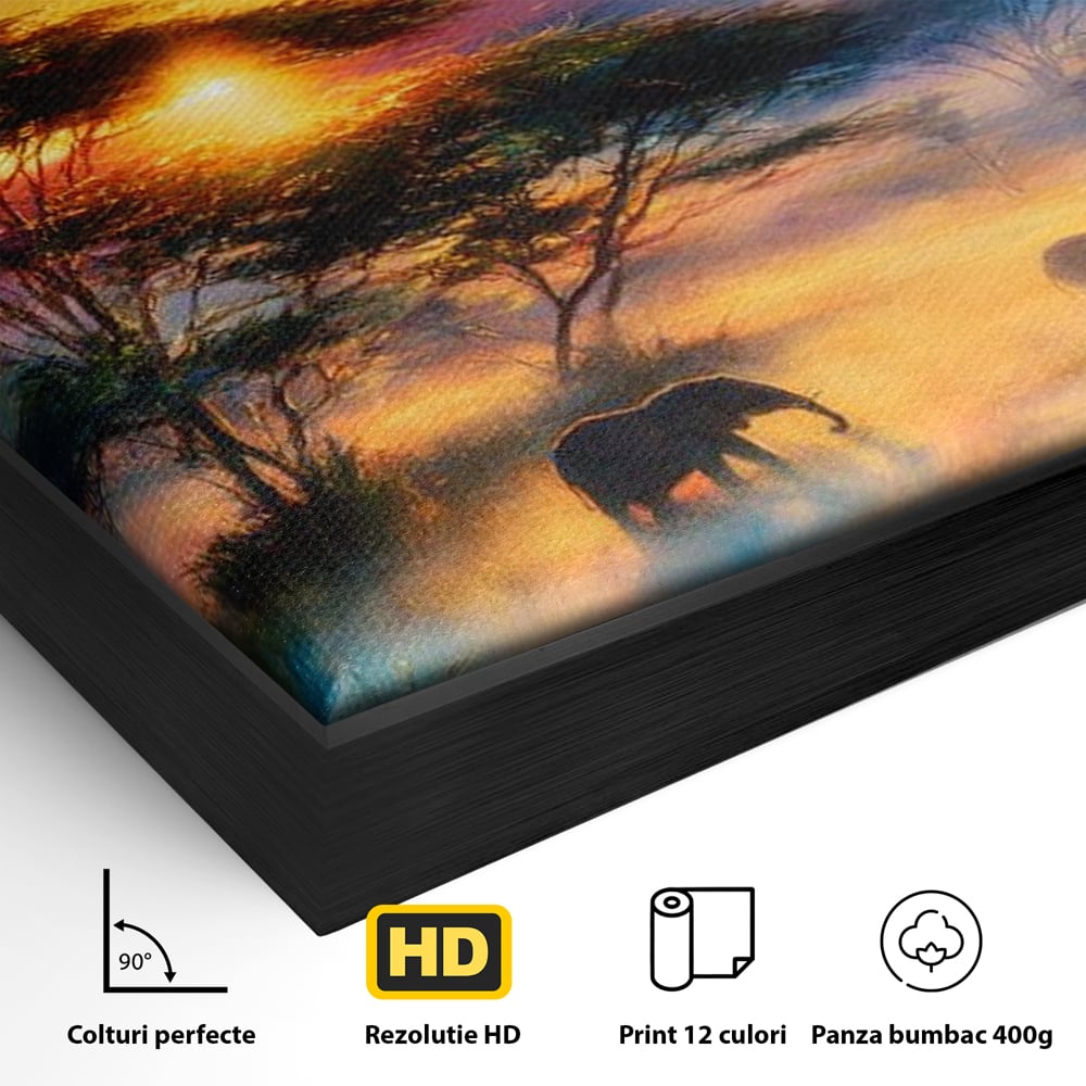 Tablou Canvas Premium, LuxCanva® M1488, Murmurul Savanei, Elefanti, Animale, Exotic, Tropical, Soare, Apus, Copaci, Natura, Dormitor, Birou, Living, Camera Copil