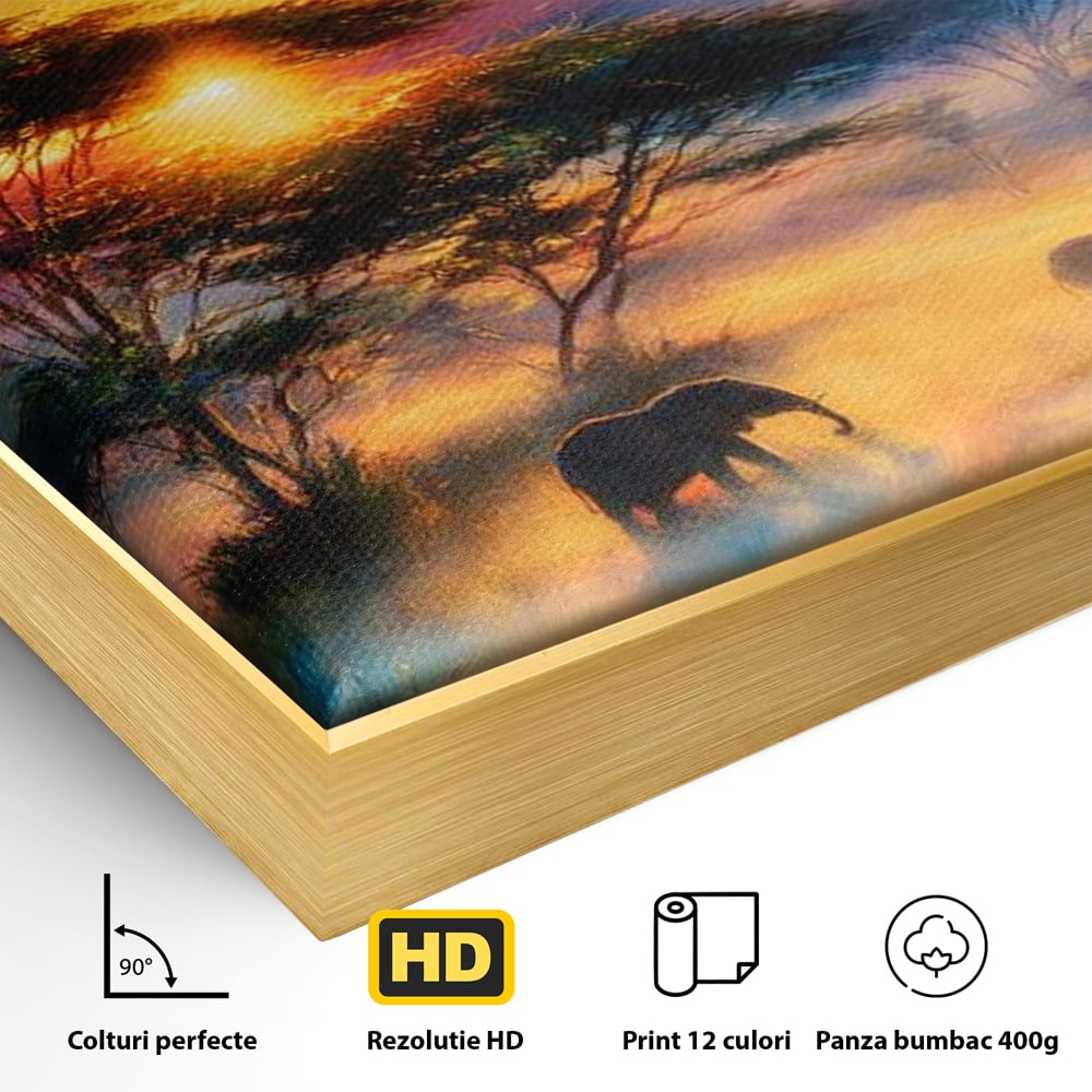 Tablou Canvas Premium, LuxCanva® M1488, Murmurul Savanei, Elefanti, Animale, Exotic, Tropical, Soare, Apus, Copaci, Natura, Dormitor, Birou, Living, Camera Copil