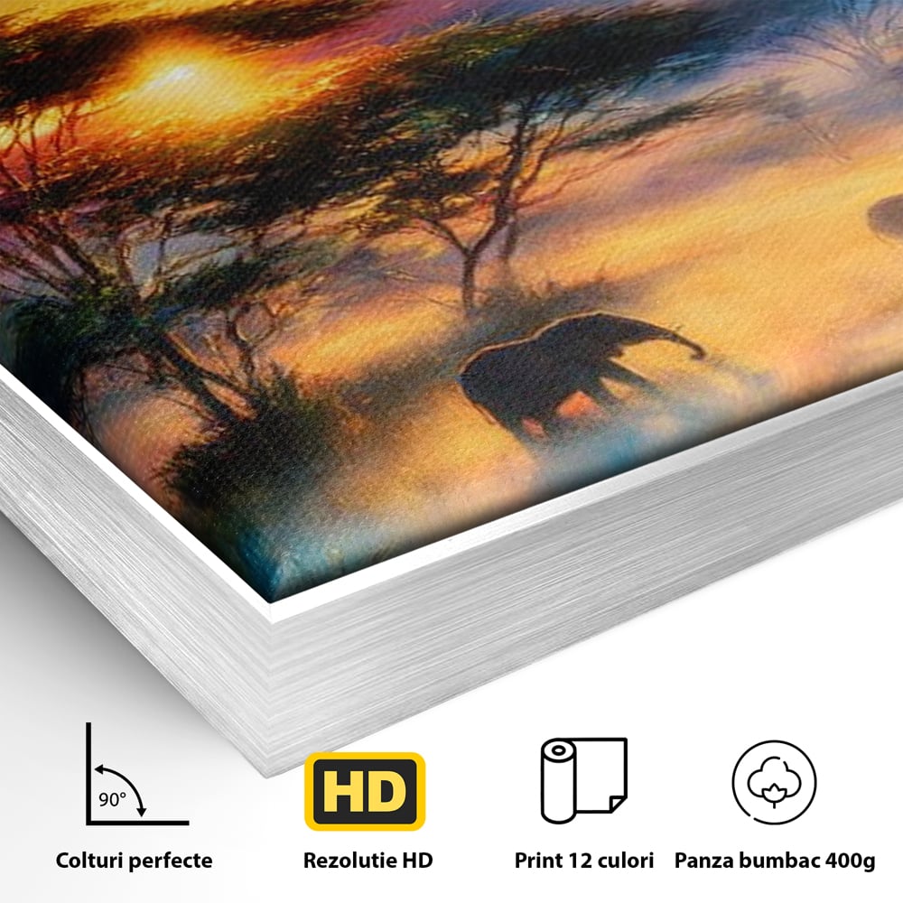 Tablou Canvas Premium, LuxCanva® M1488, Murmurul Savanei, Elefanti, Animale, Exotic, Tropical, Soare, Apus, Copaci, Natura, Dormitor, Birou, Living, Camera Copil
