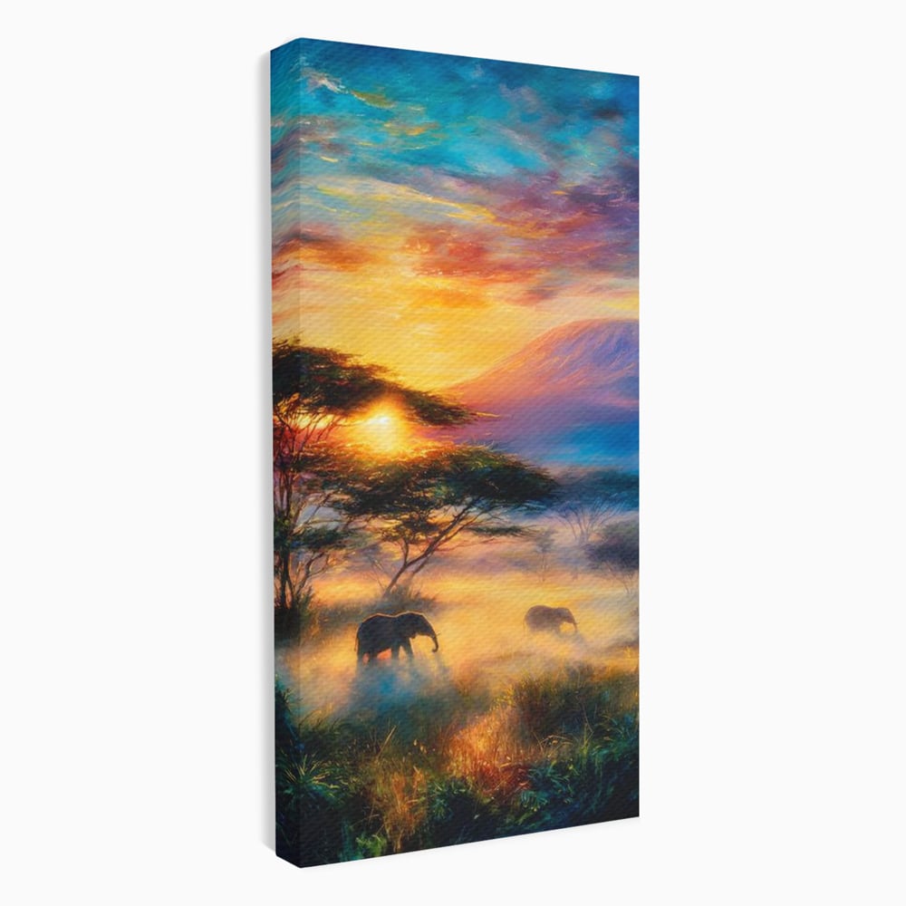 Tablou Canvas Premium, LuxCanva® M1488, Murmurul Savanei, Elefanti, Animale, Exotic, Tropical, Soare, Apus, Copaci, Natura, Dormitor, Birou, Living, Camera Copil