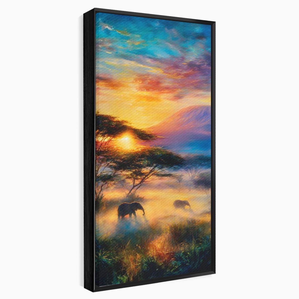 Tablou Canvas Premium, LuxCanva® M1488, Murmurul Savanei, Elefanti, Animale, Exotic, Tropical, Soare, Apus, Copaci, Natura, Dormitor, Birou, Living, Camera Copil