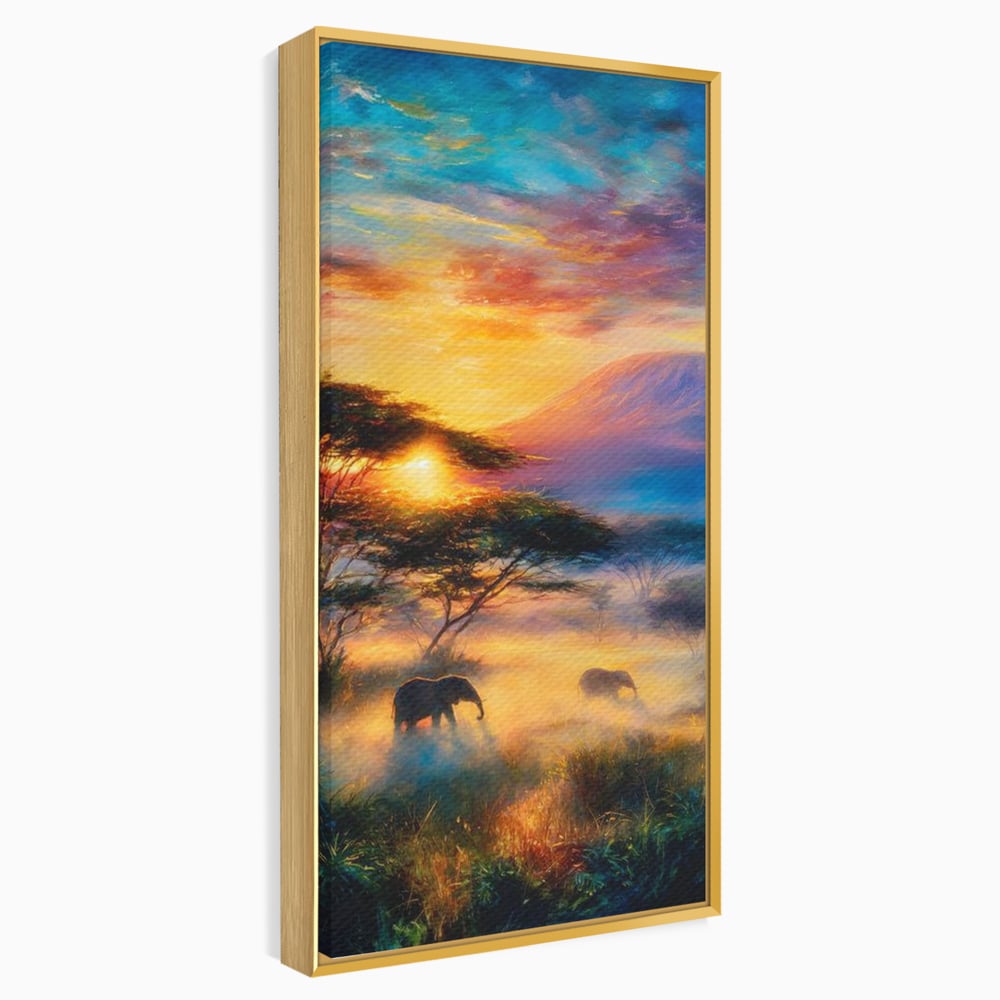 Tablou Canvas Premium, LuxCanva® M1488, Murmurul Savanei, Elefanti, Animale, Exotic, Tropical, Soare, Apus, Copaci, Natura, Dormitor, Birou, Living, Camera Copil