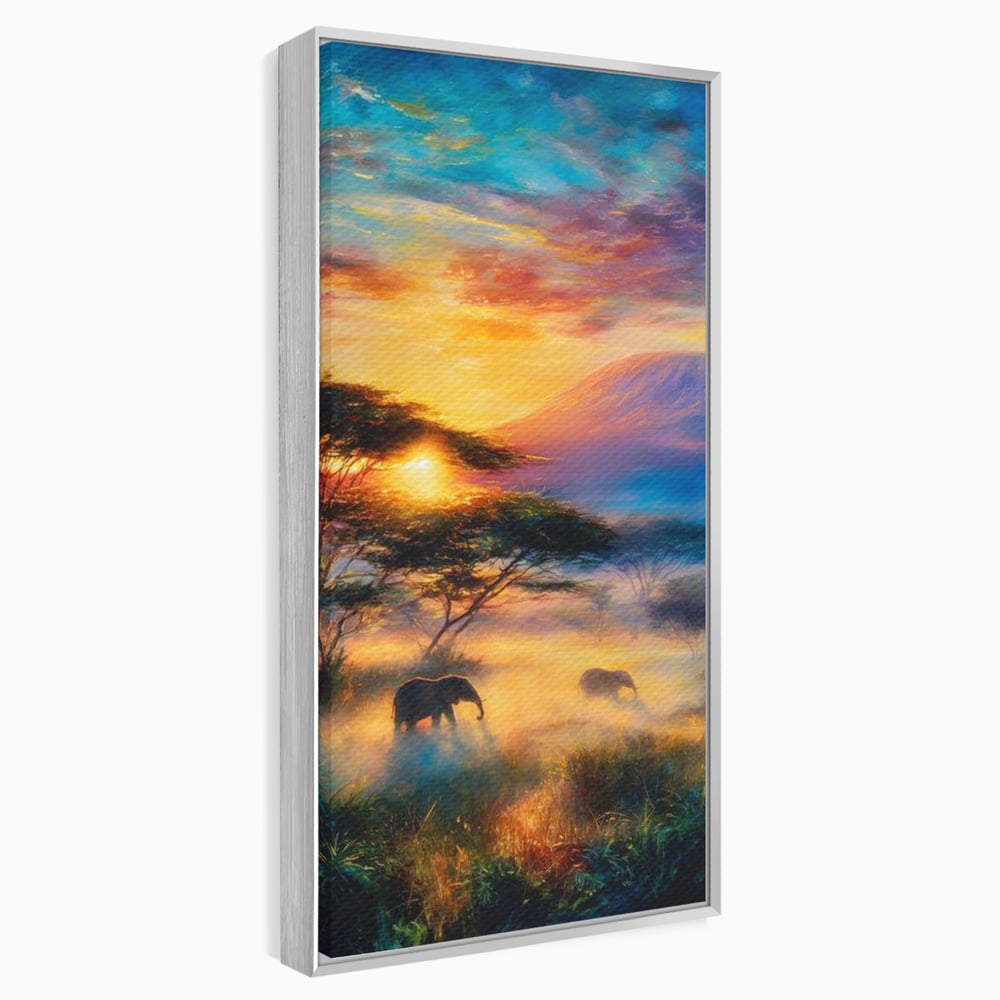 Tablou Canvas Premium, LuxCanva® M1488, Murmurul Savanei, Elefanti, Animale, Exotic, Tropical, Soare, Apus, Copaci, Natura, Dormitor, Birou, Living, Camera Copil