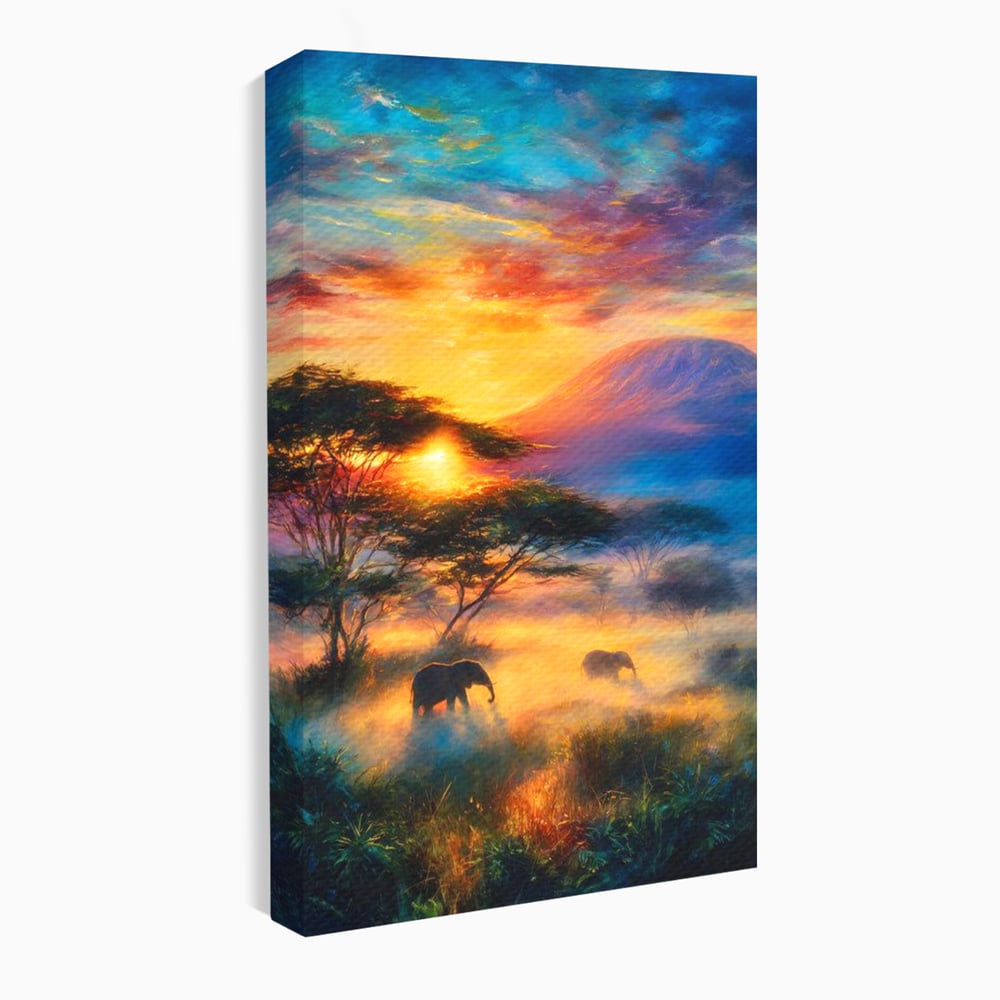 Tablou Canvas Premium, LuxCanva® M1488, Murmurul Savanei, Elefanti, Animale, Exotic, Tropical, Soare, Apus, Copaci, Natura, Dormitor, Birou, Living, Camera Copil