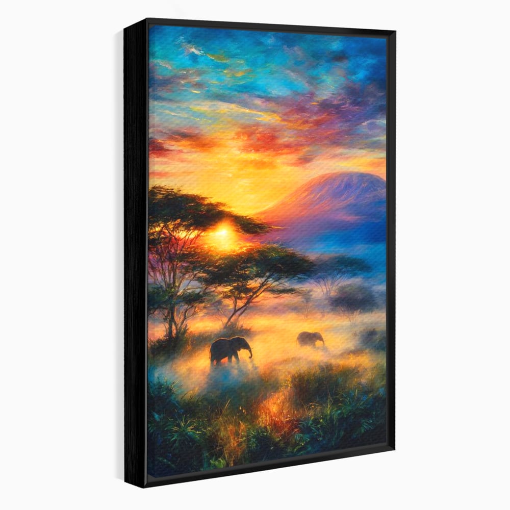 Tablou Canvas Premium, LuxCanva® M1488, Murmurul Savanei, Elefanti, Animale, Exotic, Tropical, Soare, Apus, Copaci, Natura, Dormitor, Birou, Living, Camera Copil
