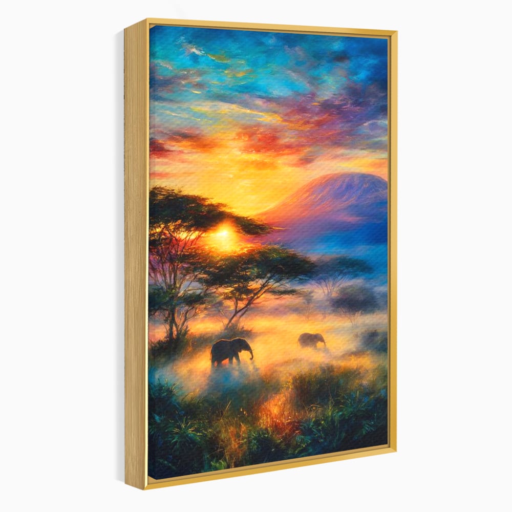 Tablou Canvas Premium, LuxCanva® M1488, Murmurul Savanei, Elefanti, Animale, Exotic, Tropical, Soare, Apus, Copaci, Natura, Dormitor, Birou, Living, Camera Copil