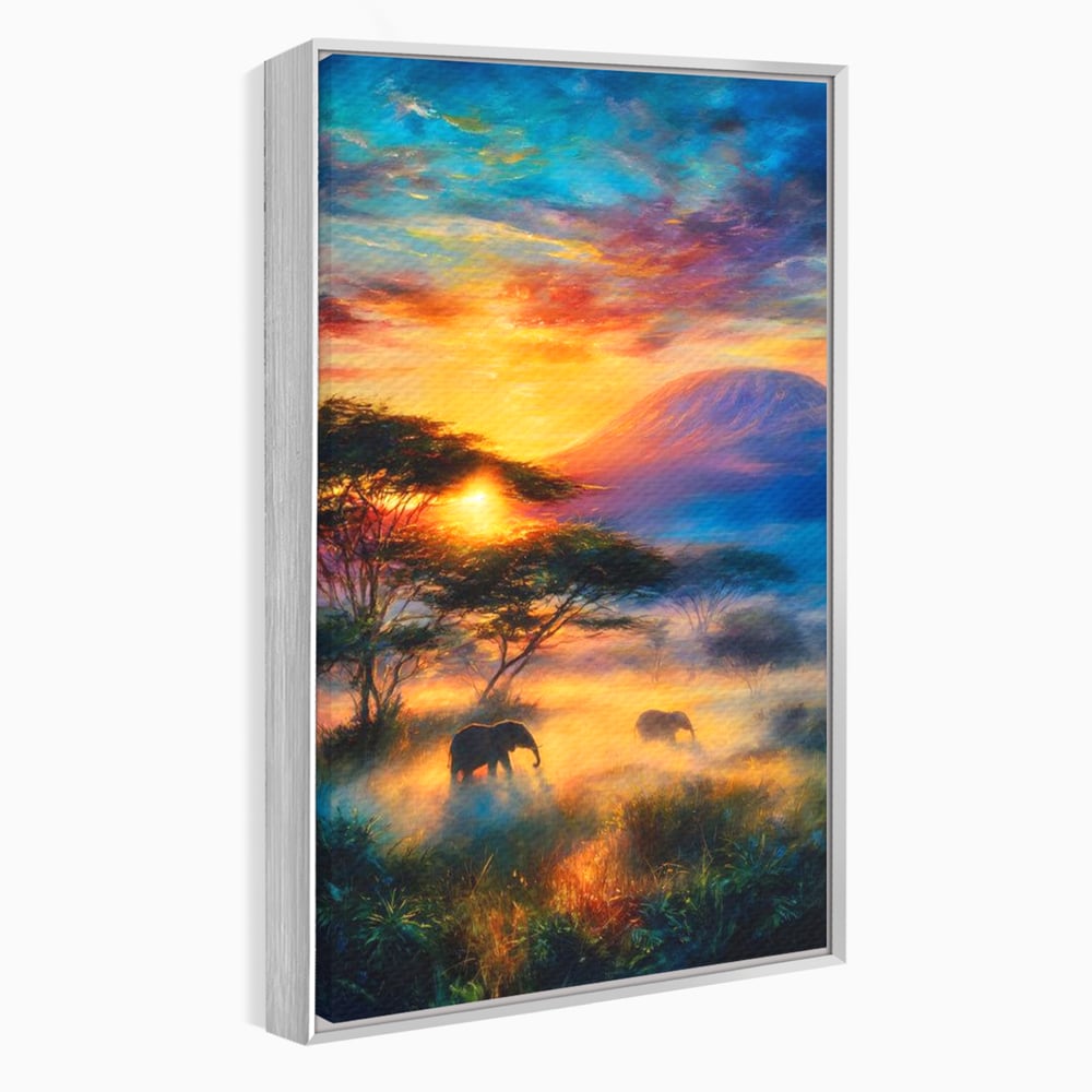 Tablou Canvas Premium, LuxCanva® M1488, Murmurul Savanei, Elefanti, Animale, Exotic, Tropical, Soare, Apus, Copaci, Natura, Dormitor, Birou, Living, Camera Copil