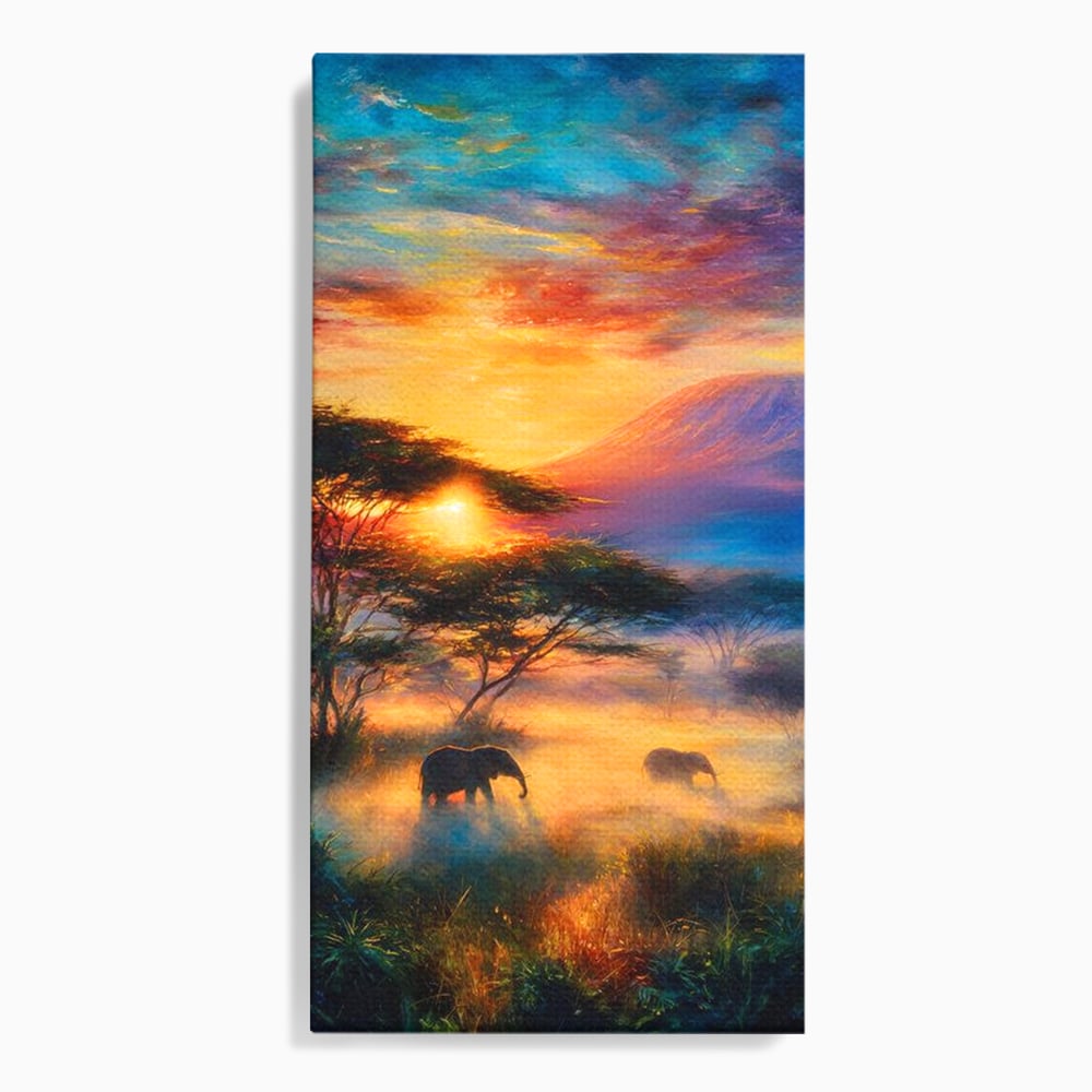 Tablou Canvas Premium, LuxCanva® M1488, Murmurul Savanei, Elefanti, Animale, Exotic, Tropical, Soare, Apus, Copaci, Natura, Dormitor, Birou, Living, Camera Copil