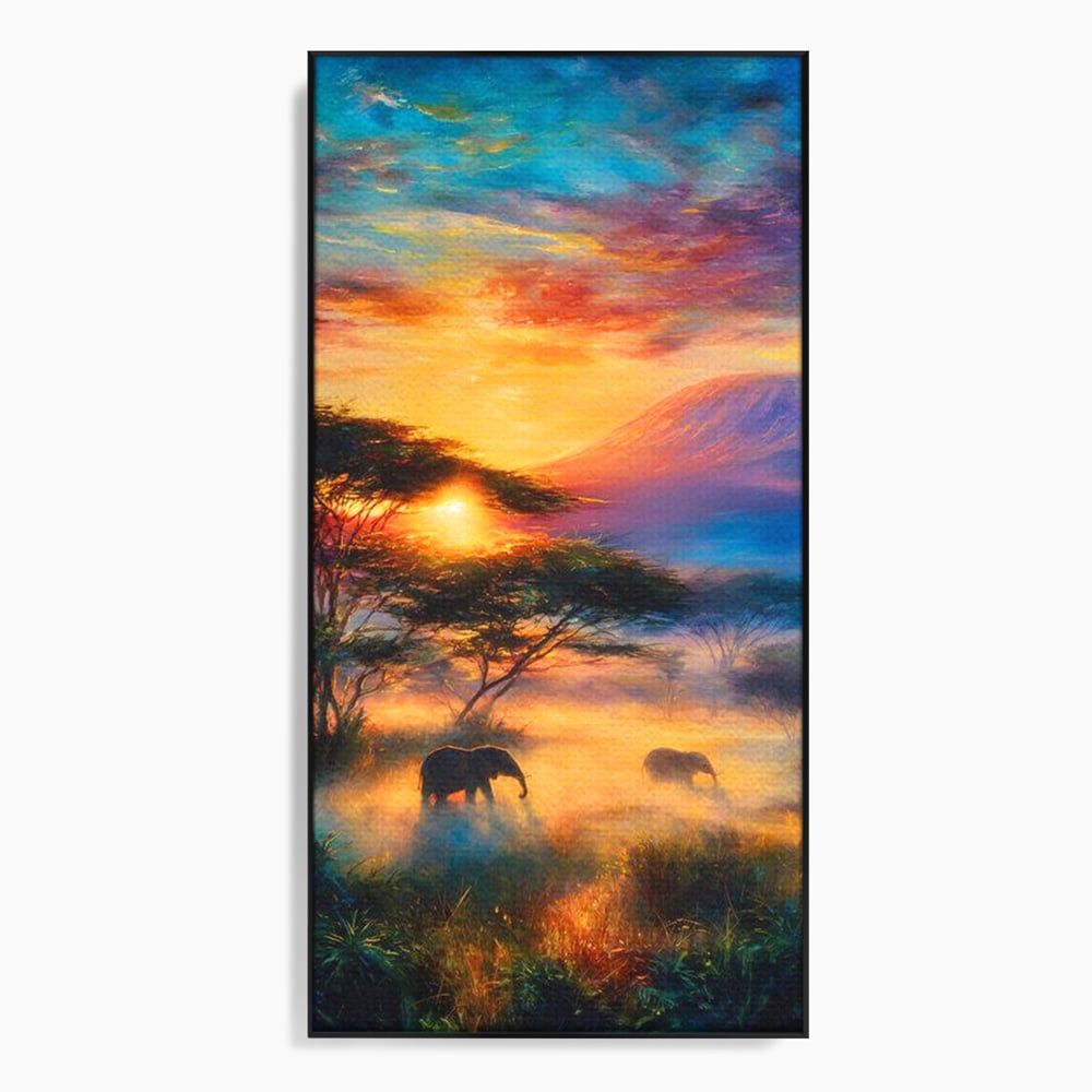 Tablou Canvas Premium, LuxCanva® M1488, Murmurul Savanei, Elefanti, Animale, Exotic, Tropical, Soare, Apus, Copaci, Natura, Dormitor, Birou, Living, Camera Copil