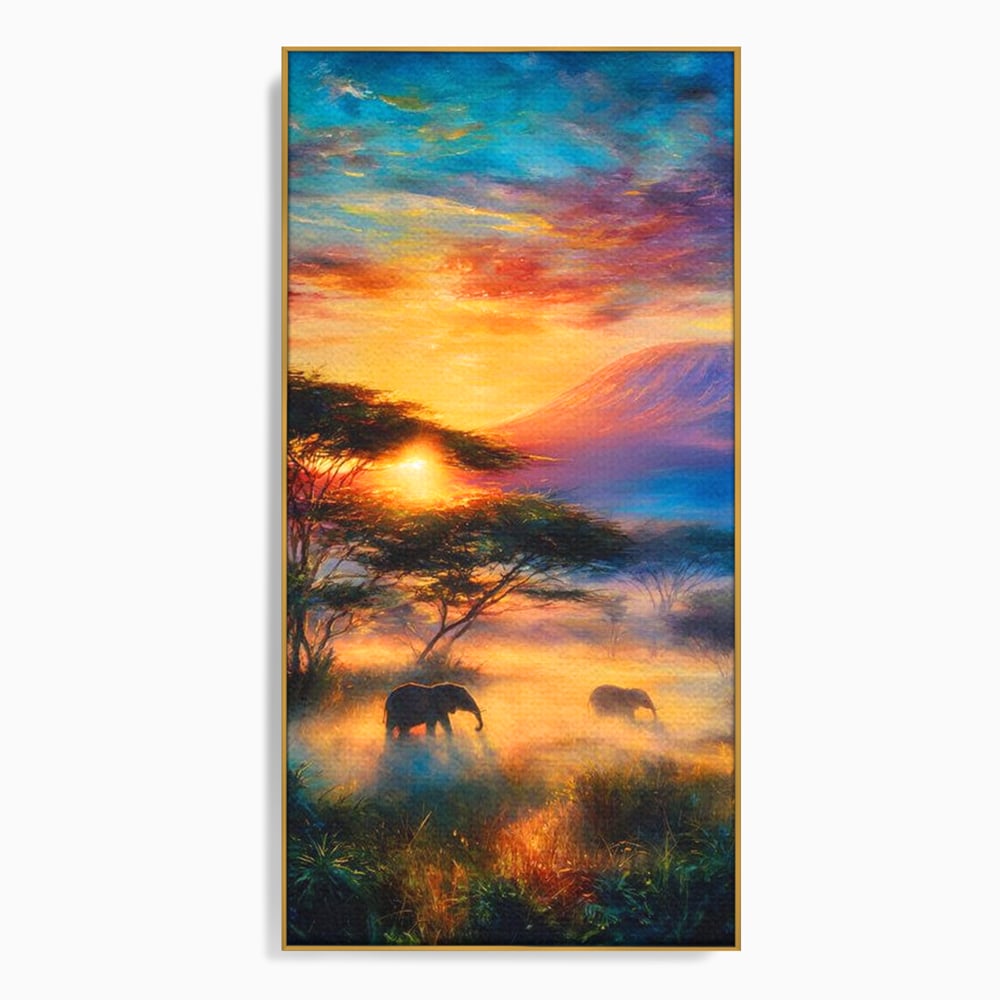 Tablou Canvas Premium, LuxCanva® M1488, Murmurul Savanei, Elefanti, Animale, Exotic, Tropical, Soare, Apus, Copaci, Natura, Dormitor, Birou, Living, Camera Copil