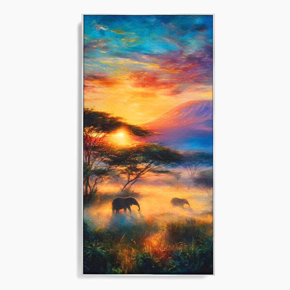 Tablou Canvas Premium, LuxCanva® M1488, Murmurul Savanei, Elefanti, Animale, Exotic, Tropical, Soare, Apus, Copaci, Natura, Dormitor, Birou, Living, Camera Copil
