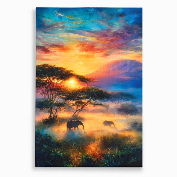 Tablou Canvas Premium, LuxCanva® M1488, Murmurul Savanei, Elefanti, Animale, Exotic, Tropical, Soare, Apus, Copaci, Natura, Dormitor, Birou, Living, Camera Copil