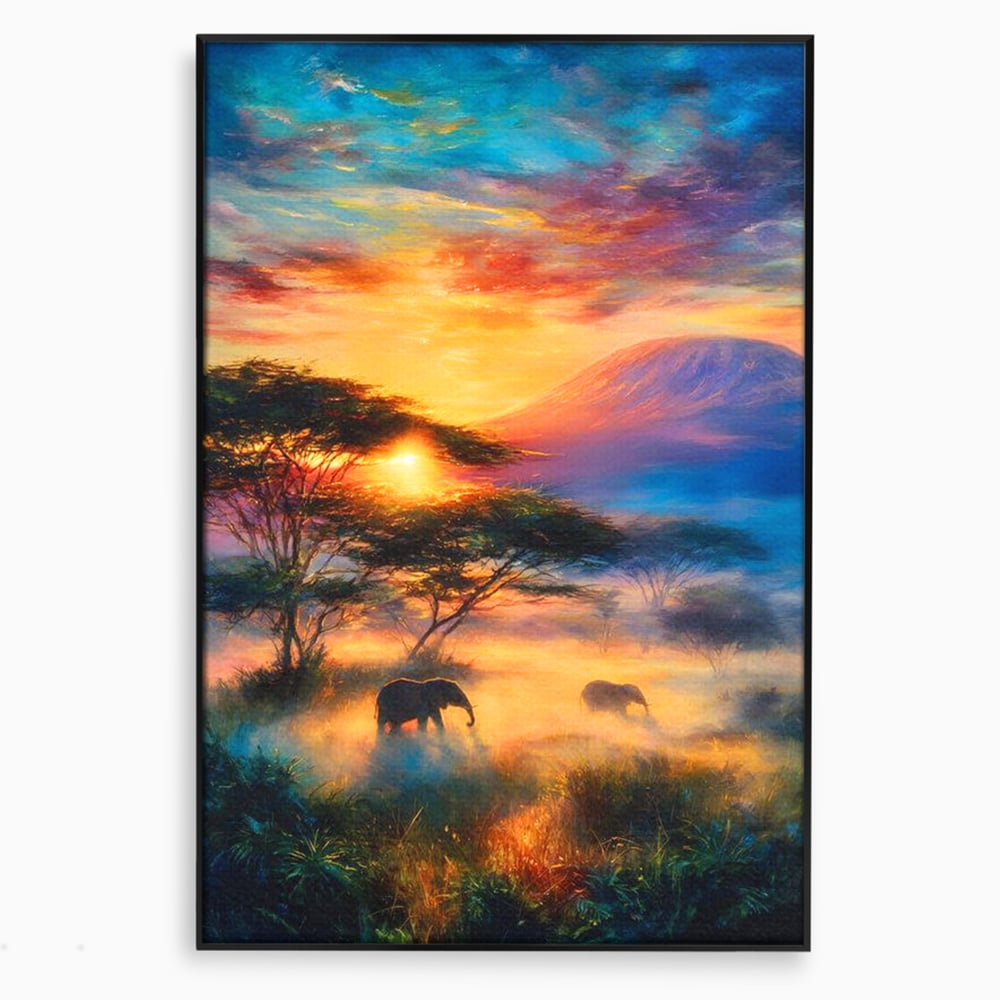 Tablou Canvas Premium, LuxCanva® M1488, Murmurul Savanei, Elefanti, Animale, Exotic, Tropical, Soare, Apus, Copaci, Natura, Dormitor, Birou, Living, Camera Copil