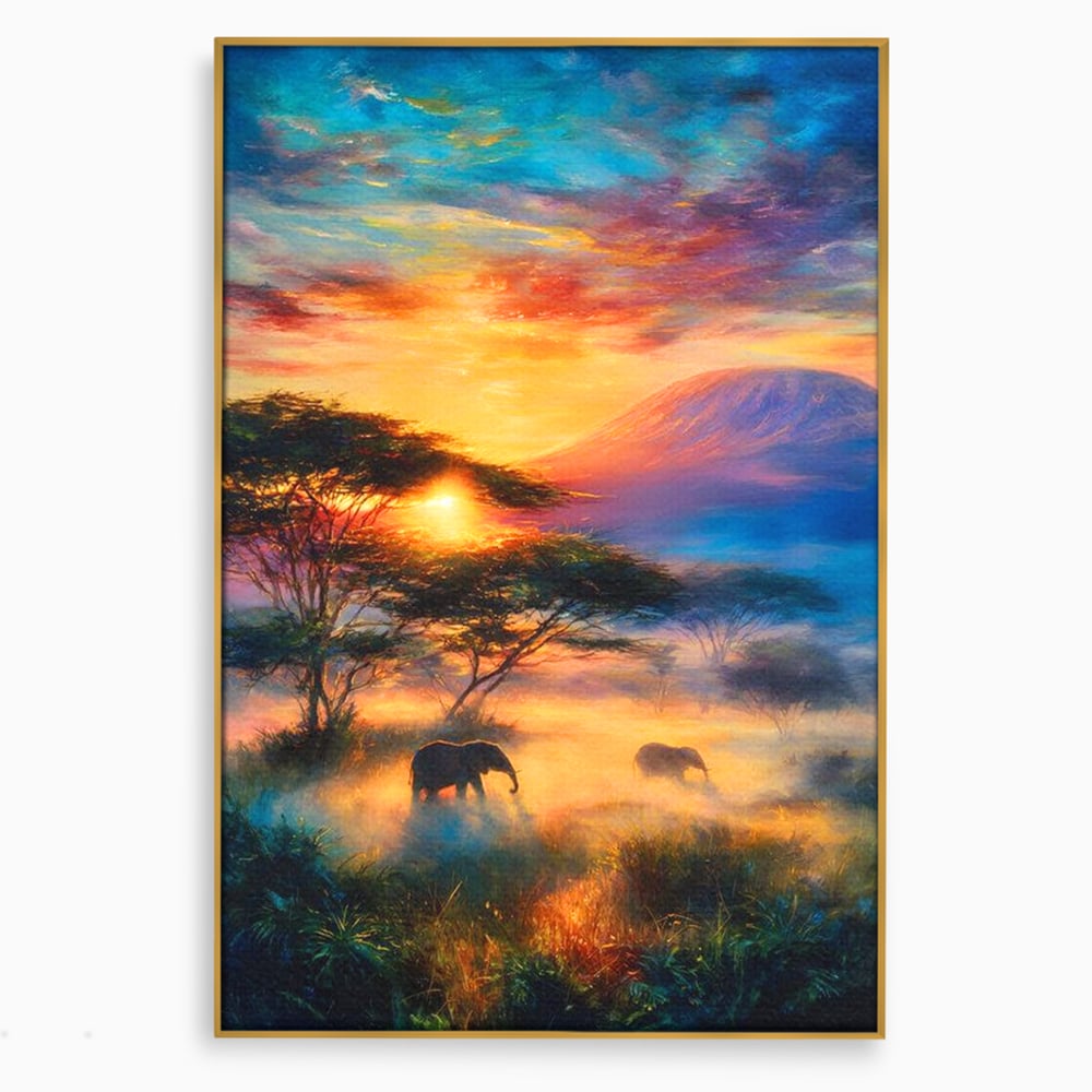 Tablou Canvas Premium, LuxCanva® M1488, Murmurul Savanei, Elefanti, Animale, Exotic, Tropical, Soare, Apus, Copaci, Natura, Dormitor, Birou, Living, Camera Copil