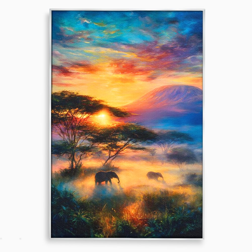 Tablou Canvas Premium, LuxCanva® M1488, Murmurul Savanei, Elefanti, Animale, Exotic, Tropical, Soare, Apus, Copaci, Natura, Dormitor, Birou, Living, Camera Copil