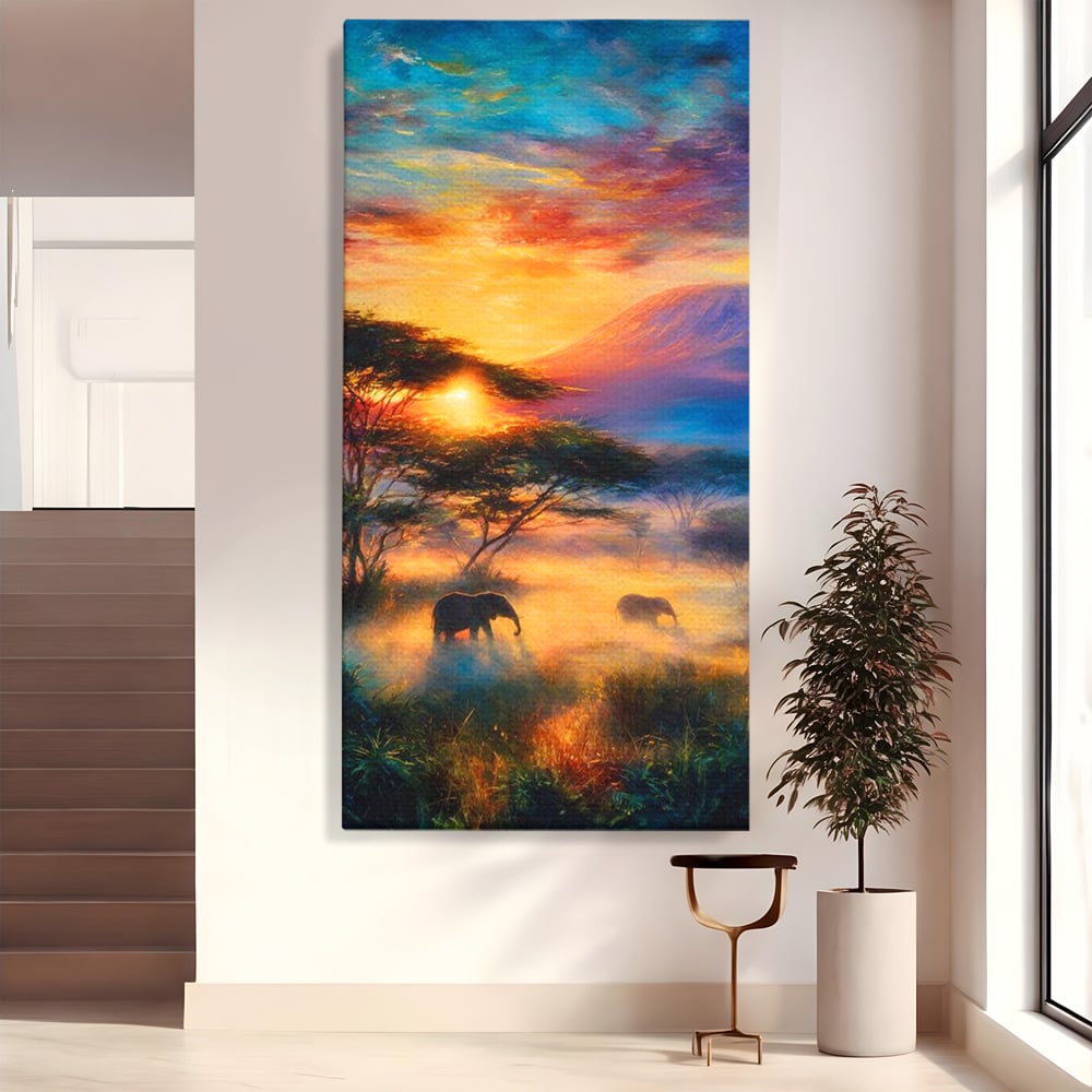 Tablou Canvas Premium, LuxCanva® M1488, Murmurul Savanei, Elefanti, Animale, Exotic, Tropical, Soare, Apus, Copaci, Natura, Dormitor, Birou, Living, Camera Copil