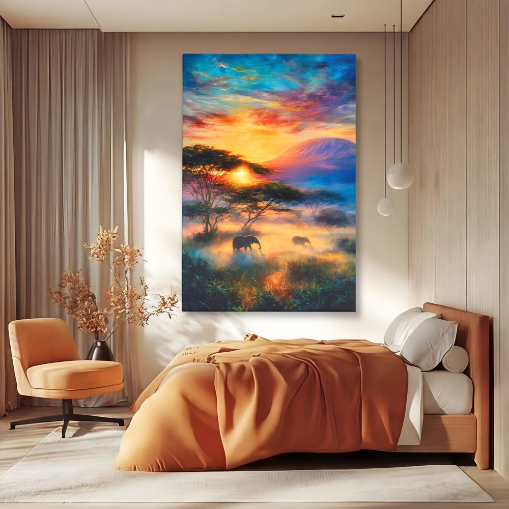 Tablou Canvas Premium, LuxCanva® M1488, Murmurul Savanei, Elefanti, Animale, Exotic, Tropical, Soare, Apus, Copaci, Natura, Dormitor, Birou, Living, Camera Copil