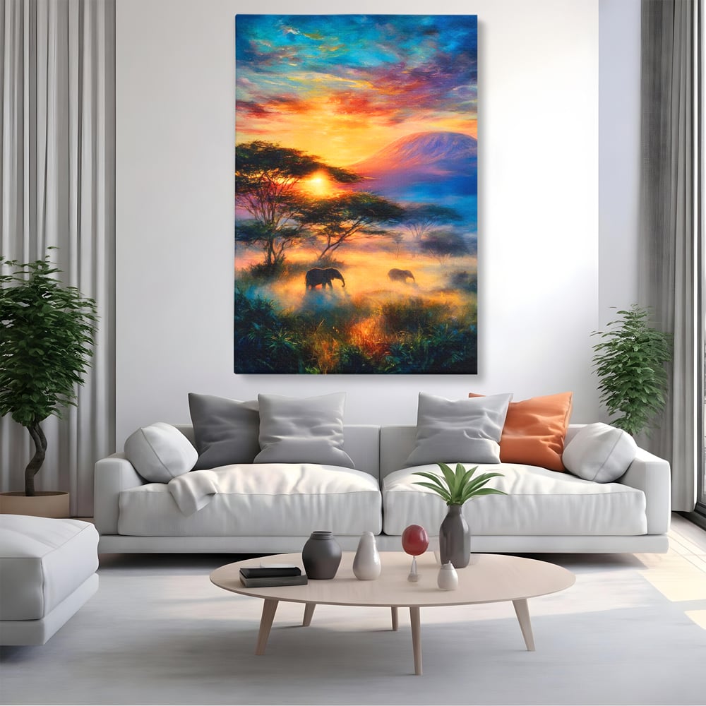 Tablou Canvas Premium, LuxCanva® M1488, Murmurul Savanei, Elefanti, Animale, Exotic, Tropical, Soare, Apus, Copaci, Natura, Dormitor, Birou, Living, Camera Copil