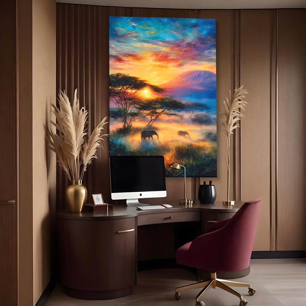 Tablou Canvas Premium, LuxCanva® M1488, Murmurul Savanei, Elefanti, Animale, Exotic, Tropical, Soare, Apus, Copaci, Natura, Dormitor, Birou, Living, Camera Copil
