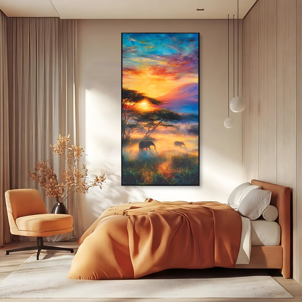 Tablou Canvas Premium, LuxCanva® M1488, Murmurul Savanei, Elefanti, Animale, Exotic, Tropical, Soare, Apus, Copaci, Natura, Dormitor, Birou, Living, Camera Copil