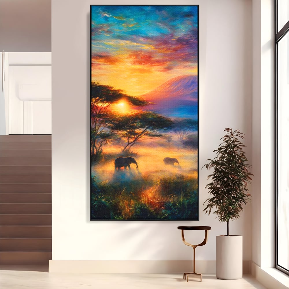 Tablou Canvas Premium, LuxCanva® M1488, Murmurul Savanei, Elefanti, Animale, Exotic, Tropical, Soare, Apus, Copaci, Natura, Dormitor, Birou, Living, Camera Copil
