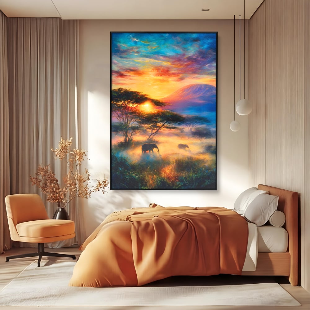Tablou Canvas Premium, LuxCanva® M1488, Murmurul Savanei, Elefanti, Animale, Exotic, Tropical, Soare, Apus, Copaci, Natura, Dormitor, Birou, Living, Camera Copil