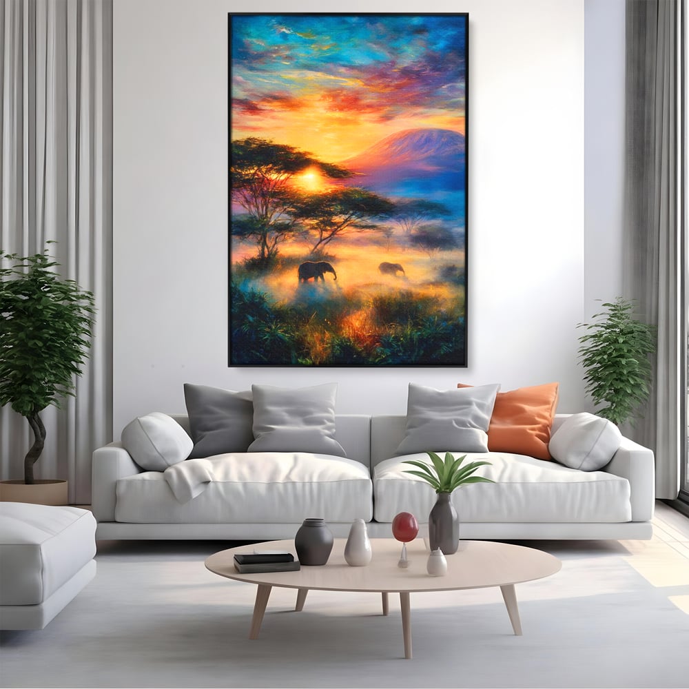 Tablou Canvas Premium, LuxCanva® M1488, Murmurul Savanei, Elefanti, Animale, Exotic, Tropical, Soare, Apus, Copaci, Natura, Dormitor, Birou, Living, Camera Copil