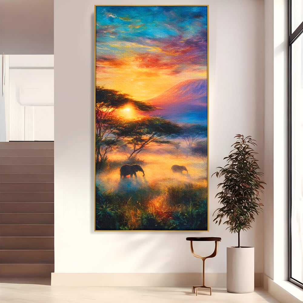 Tablou Canvas Premium, LuxCanva® M1488, Murmurul Savanei, Elefanti, Animale, Exotic, Tropical, Soare, Apus, Copaci, Natura, Dormitor, Birou, Living, Camera Copil